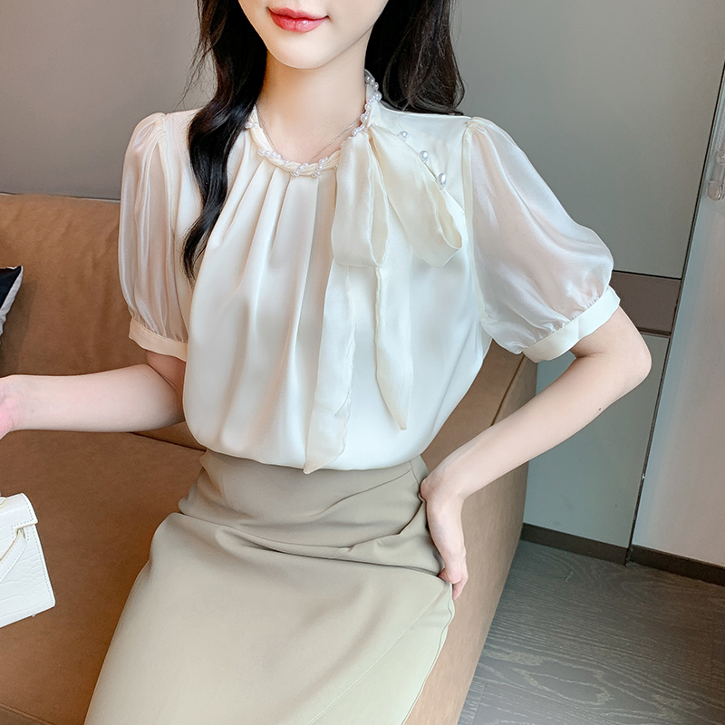 實拍2026夏季新款韓版百搭釘珠蝴蝶結短袖襯衫女上衣夏