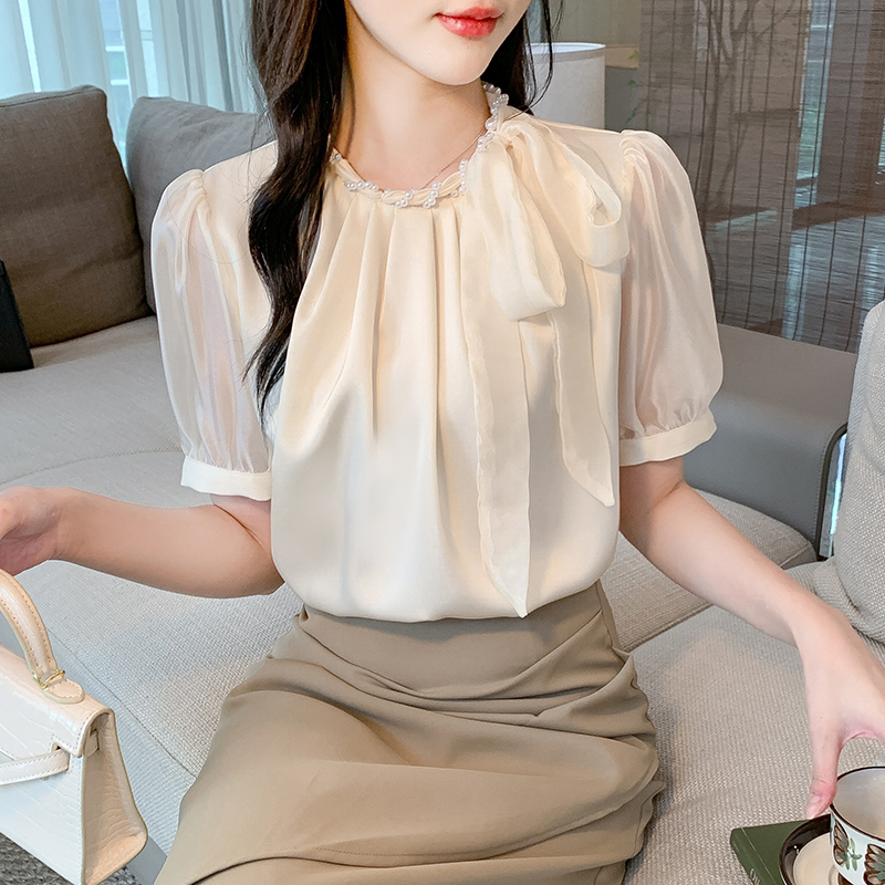 實拍2026夏季新款韓版百搭釘珠蝴蝶結短袖襯衫女上衣夏