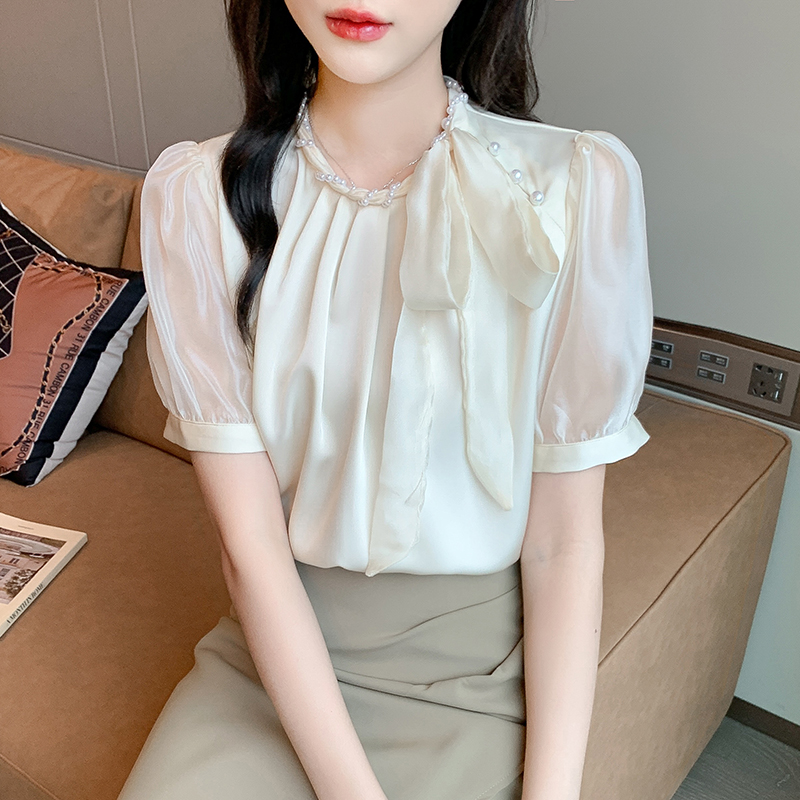 實拍2026夏季新款韓版百搭釘珠蝴蝶結短袖襯衫女上衣夏