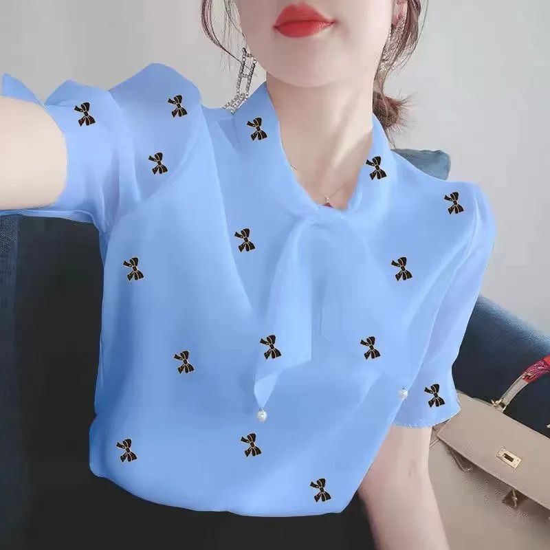 雪紡襯衫女士2024年新款夏季上衣時尚氣質寬松洋氣遮肚子短袖小衫