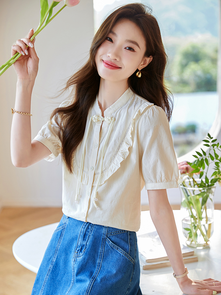 國風新中式短袖襯衣女2026年夏季新款氣質盤扣荷葉邊襯衫上衣