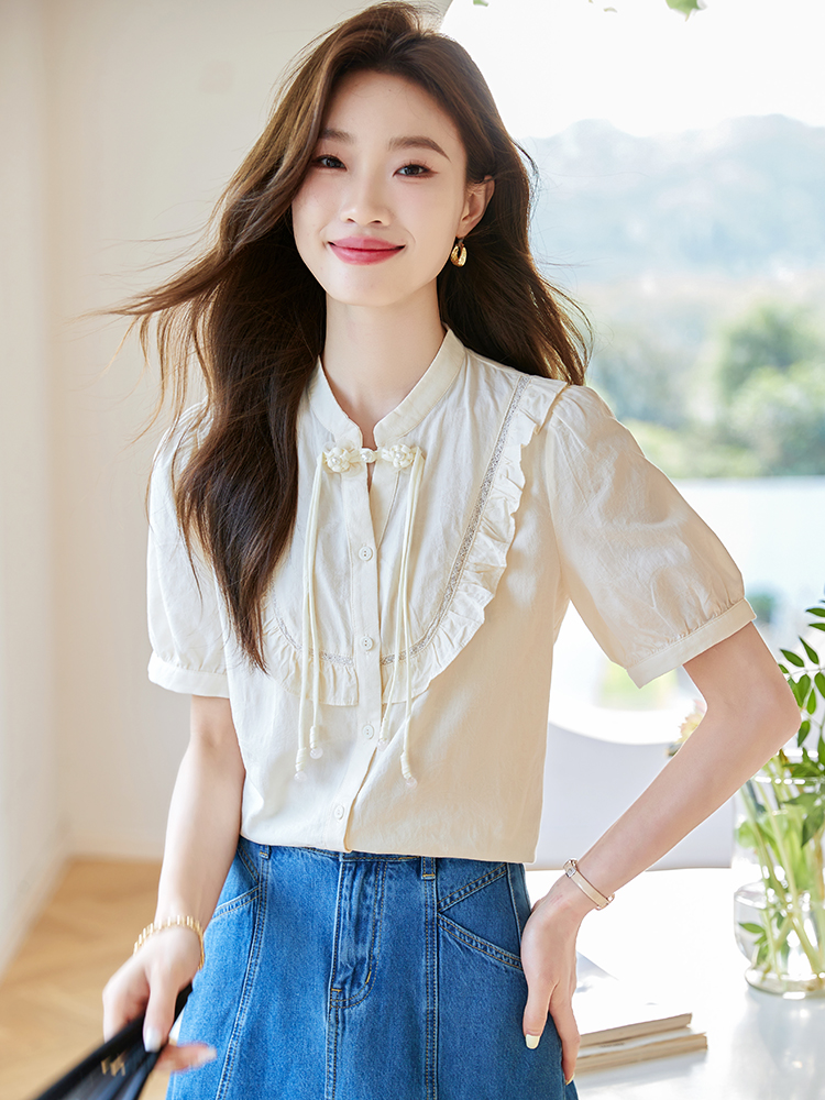 國風新中式短袖襯衣女2026年夏季新款氣質盤扣荷葉邊襯衫上衣