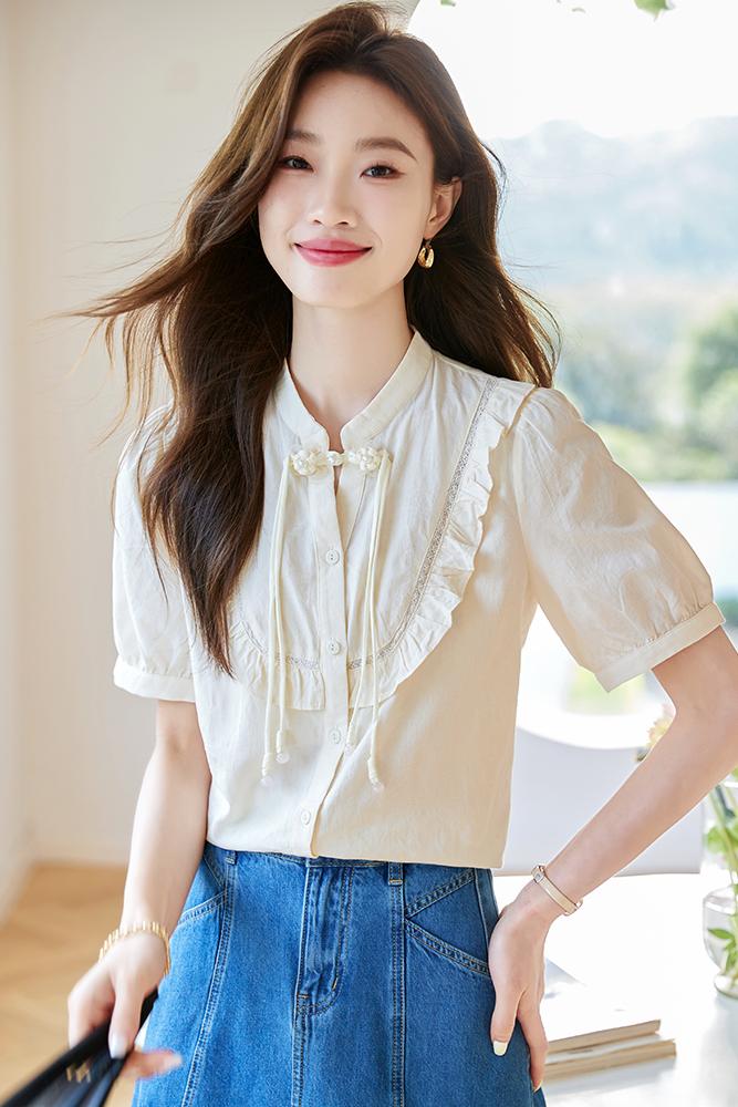 國風新中式短袖襯衣女2026年夏季新款氣質盤扣荷葉邊襯衫上衣