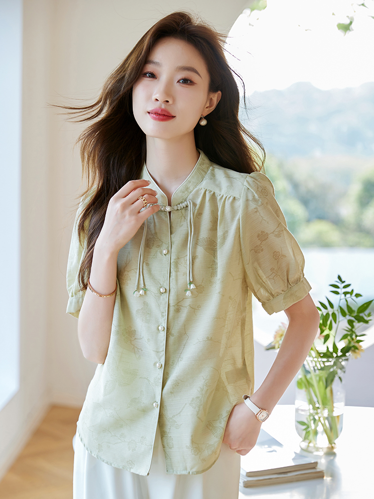 國風盤扣襯衫女水墨畫別致上衣2026夏季新品印花長袖襯衣別致上衣