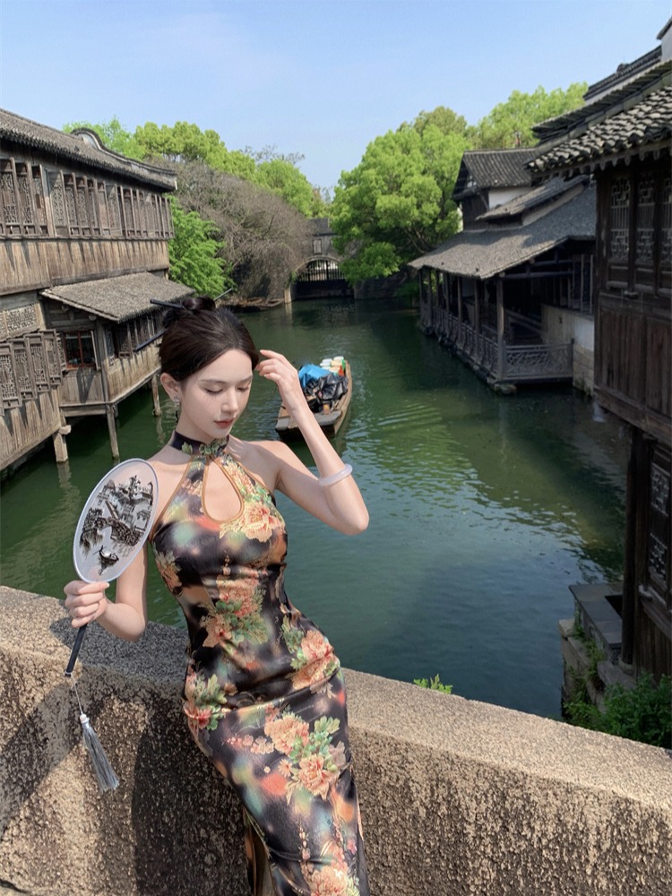 實拍實價 印花旗袍連衣裙側開叉中長款