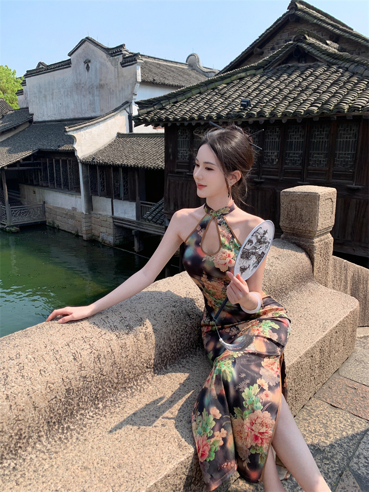 實拍實價 印花旗袍連衣裙側開叉中長款