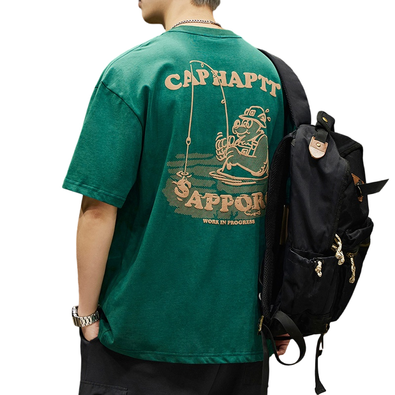 實拍2024新款美式潮牌后背印花短袖t恤男高密織寬松百搭洗水復古