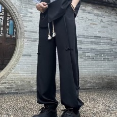 批发新中式国风盘扣裤子男士夏季新款高级感垂感宽松直筒束脚休闲长裤