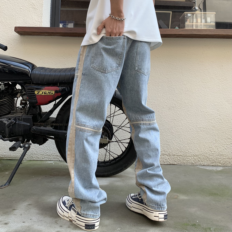 實拍美式潮牌撞色側條紋牛仔褲寬松直筒闊腿褲潮褲子長褲