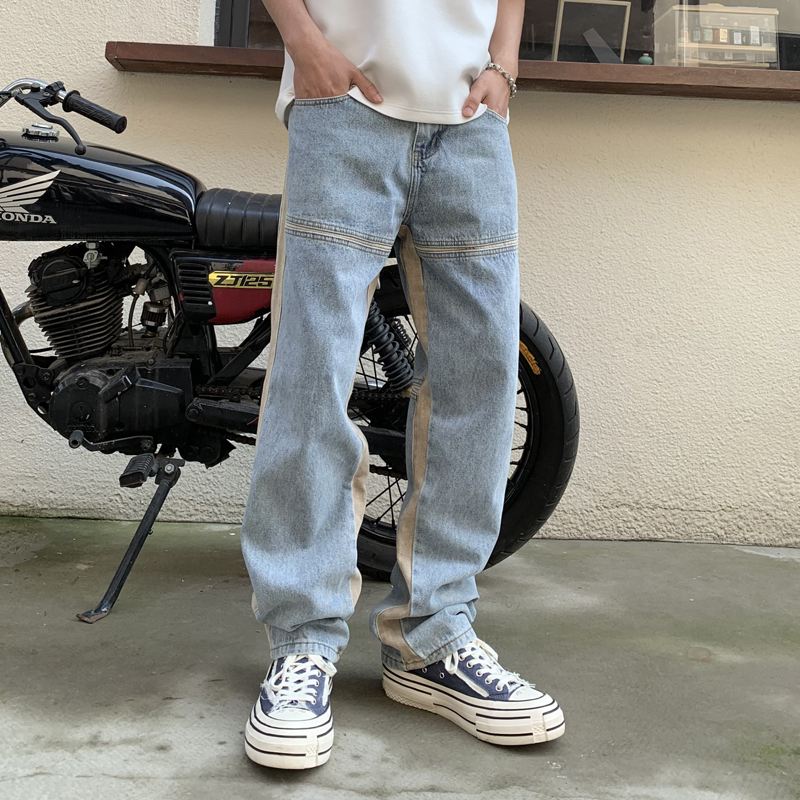 實拍美式潮牌撞色側條紋牛仔褲寬松直筒闊腿褲潮褲子長褲
