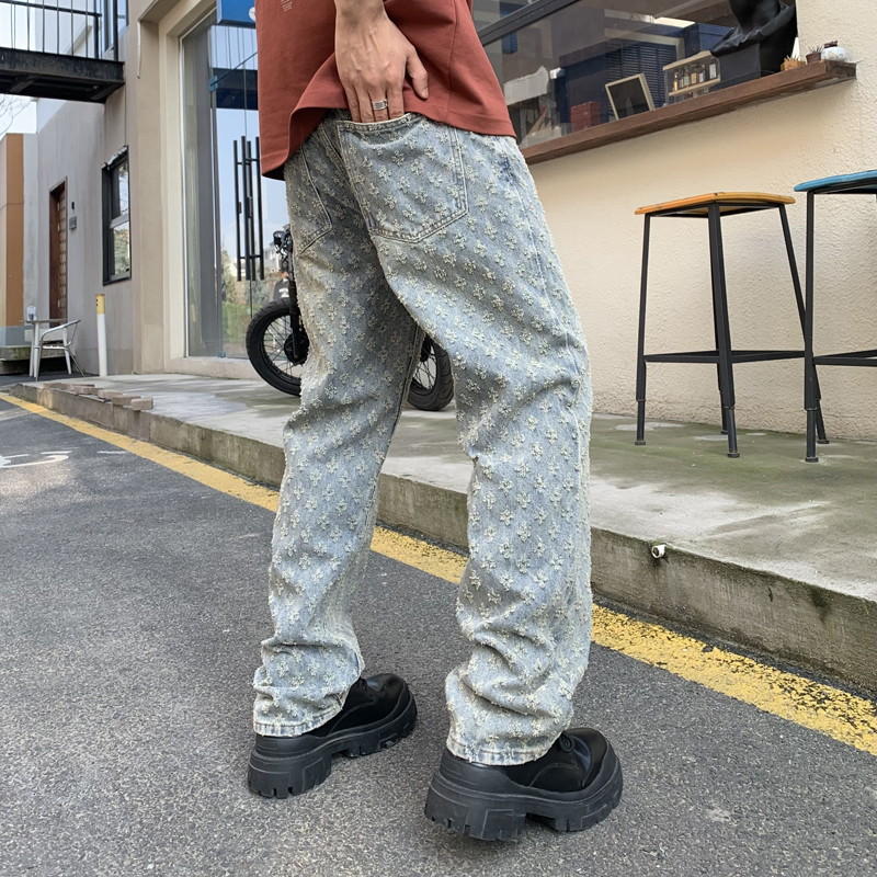 實拍美式潮牌提花水洗牛仔褲潮男寬松直筒男士時尚牛仔長褲