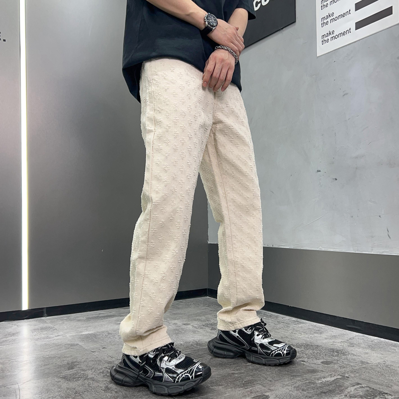 實拍美式潮牌提花水洗牛仔褲潮男寬松直筒男士時尚牛仔長褲