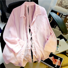 批发实拍粉色防晒衬衫女夏季薄款开衫设计感小众垂感罩衫衬衣外套上衣