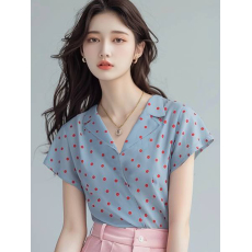批发2024年韩系穿搭独特上衣夏季漂亮小衫法式高级感蓝色波点短袖衬衫