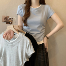 批发实拍圆领假两件短袖T恤女夏季韩版修身显瘦<b class='q'>短款</b>打底上衣小衫