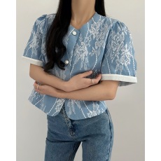 批发实拍现货 韩国chic新款设计感小众蓝色<b class='q'>蕾丝</b>西服短款上衣外套女
