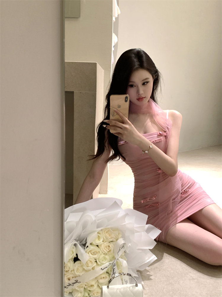 實拍實價 辣妹網紗修身包臀連衣裙短款