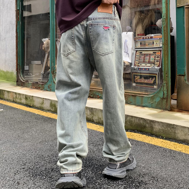 實拍水洗牛仔褲男美式潮牌破洞褲潮男寬松直筒男士牛仔長褲
