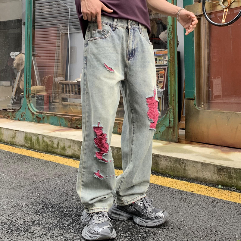 實拍水洗牛仔褲男美式潮牌破洞褲潮男寬松直筒男士牛仔長褲