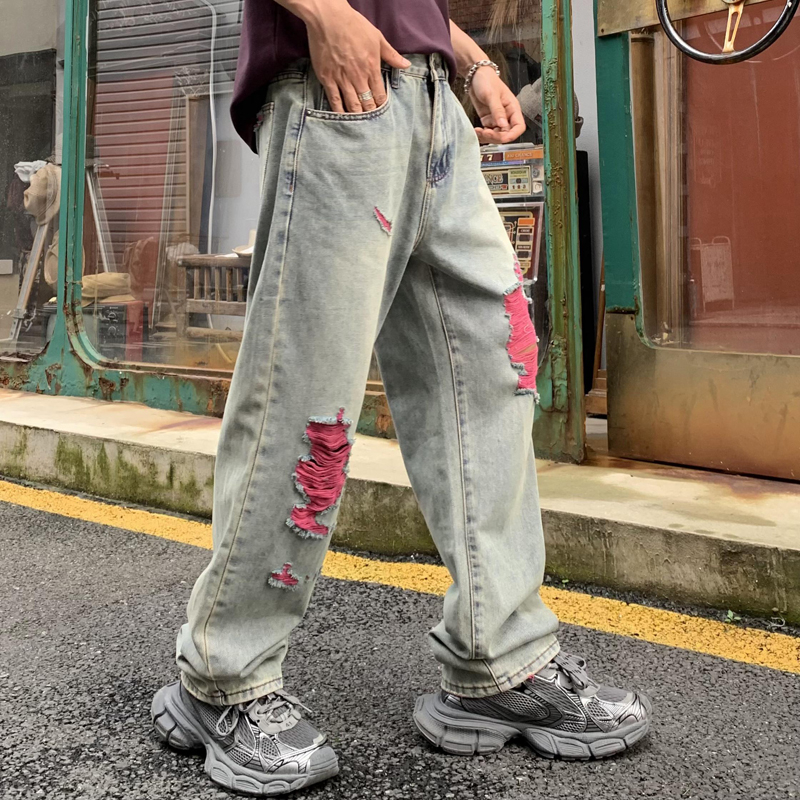 實拍水洗牛仔褲男美式潮牌破洞褲潮男寬松直筒男士牛仔長褲