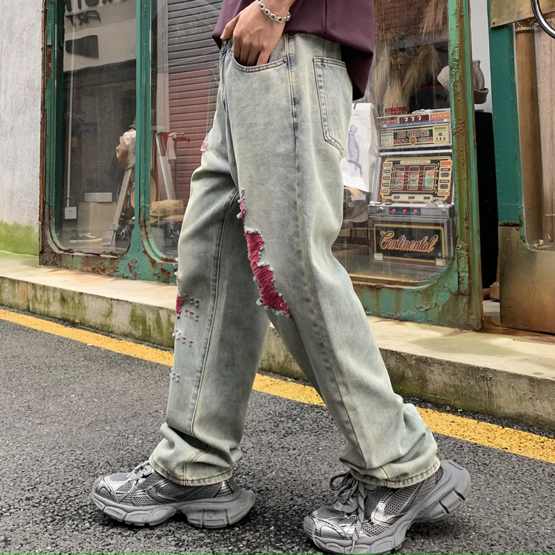 實拍水洗牛仔褲男美式潮牌破洞褲潮男寬松直筒男士牛仔長褲