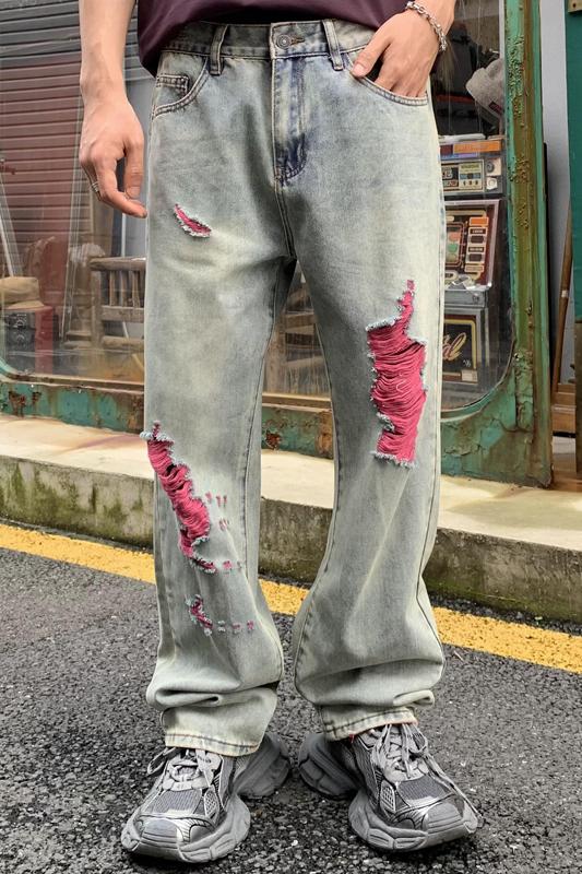 實拍水洗牛仔褲男美式潮牌破洞褲潮男寬松直筒男士牛仔長褲