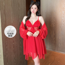 批发【冬丹】中国红（带可拆卸胸垫）网纱两件套 M-XXL 睡衣女