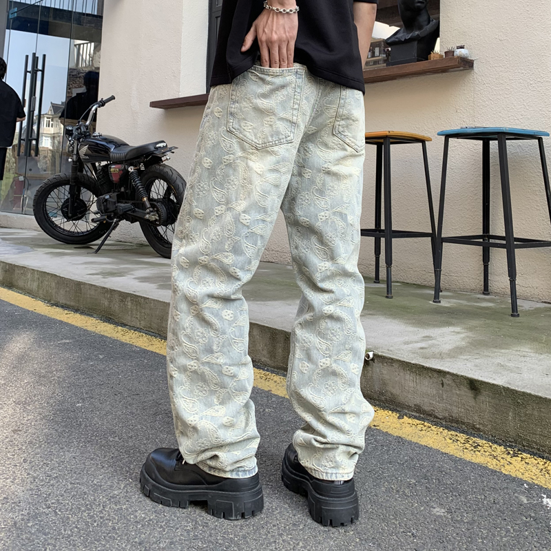 實拍美式潮牌牛仔褲男寬松直筒時尚提花潮流品質牛仔長褲