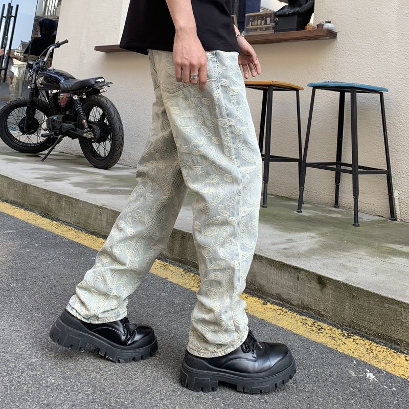 實拍美式潮牌牛仔褲男寬松直筒時尚提花潮流品質牛仔長褲