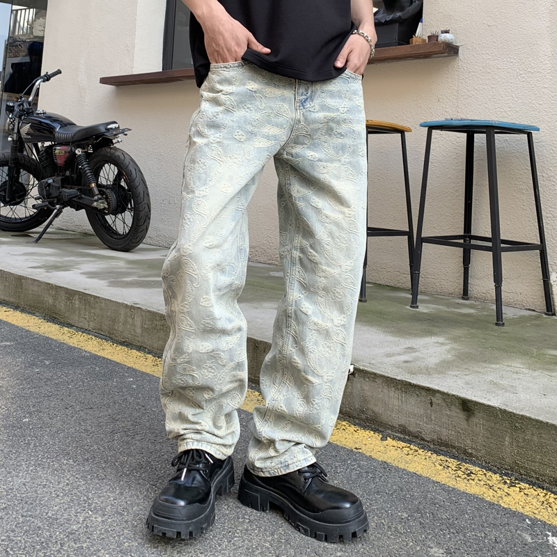 實拍美式潮牌牛仔褲男寬松直筒時尚提花潮流品質牛仔長褲