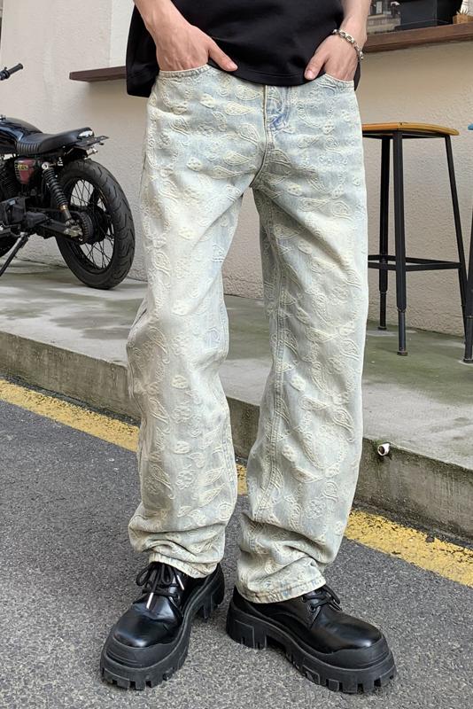 實拍美式潮牌牛仔褲男寬松直筒時尚提花潮流品質牛仔長褲