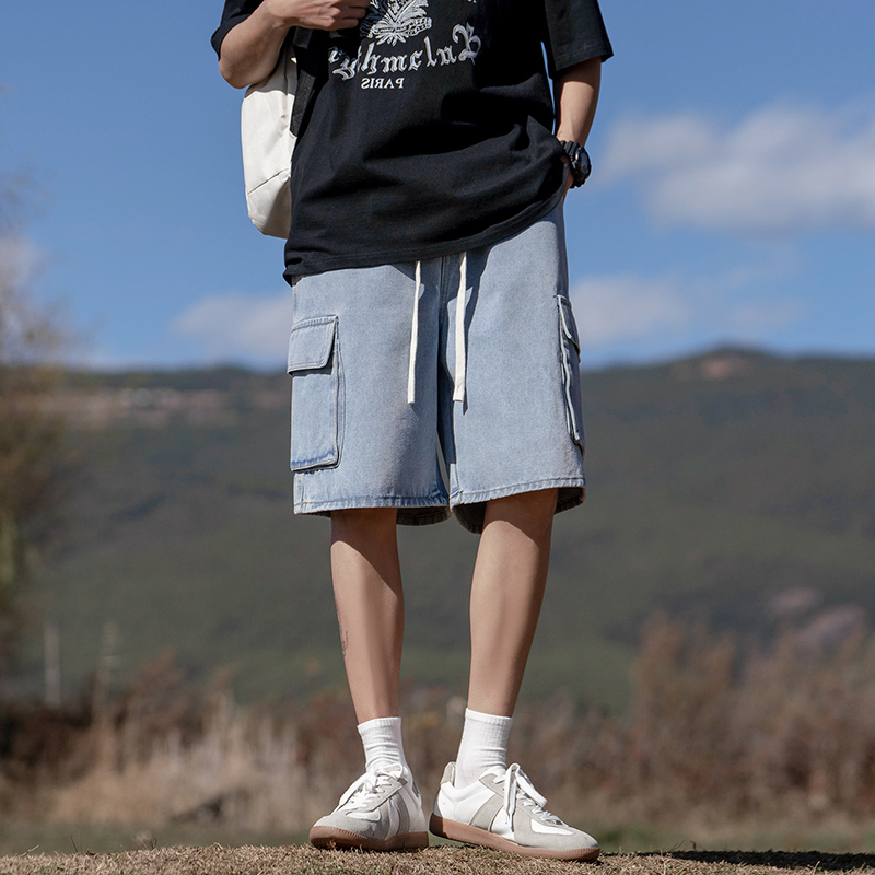 實拍夏季新款港風潮流五分牛仔中褲男寬松工裝松緊腰系帶短褲男