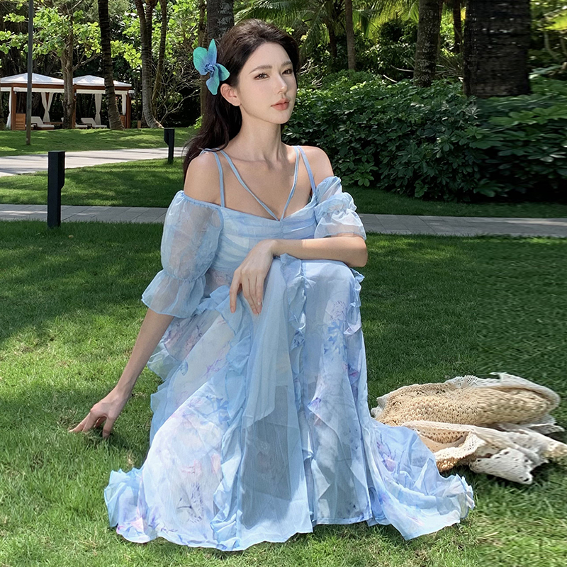 實拍絕美法式氣質名媛御姐風碎花長裙高端精致一字肩吊帶長裙夏