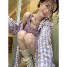 批发秋季韩系慵懒印花透气薄外套女2023新款时尚紫色格子长袖衬衫