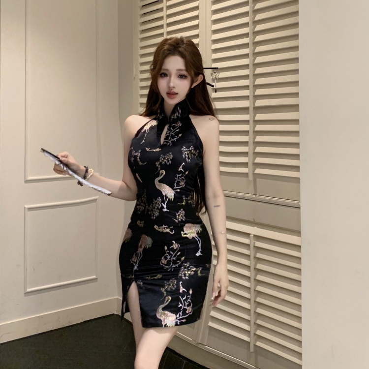 實拍實價 辣妹提花無袖修身顯瘦旗袍連衣裙短款