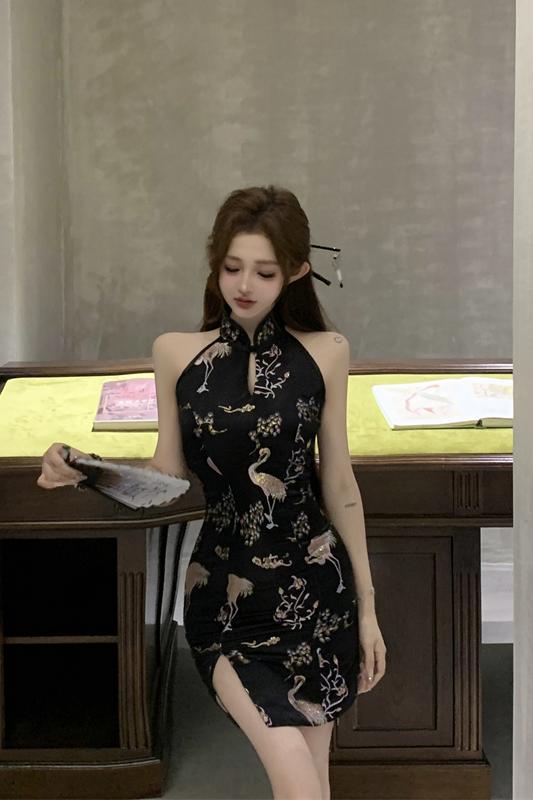 實拍實價 辣妹提花無袖修身顯瘦旗袍連衣裙短款