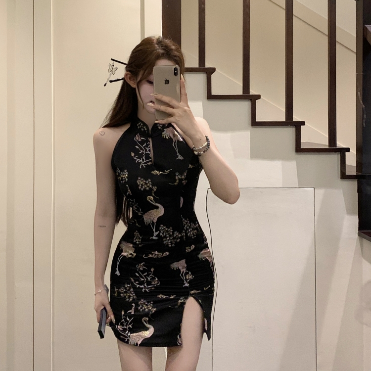 實拍實價 辣妹提花無袖修身顯瘦旗袍連衣裙短款