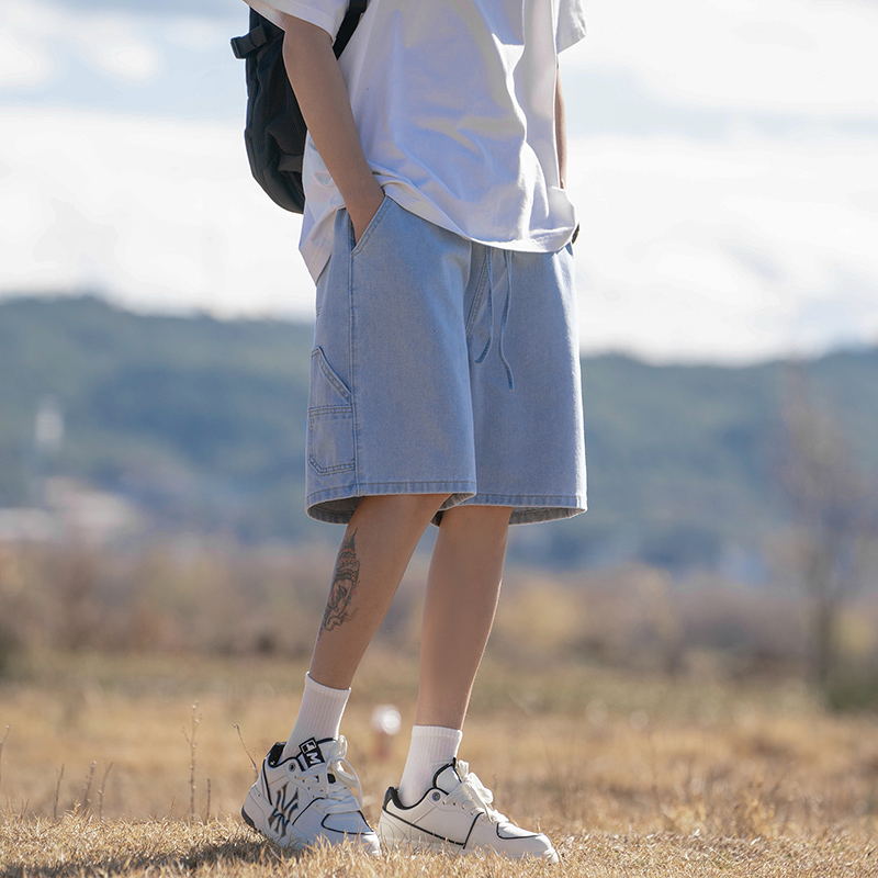 實拍夏季新款港風潮流五分牛仔中褲男寬松休閑松緊腰系帶工裝短褲