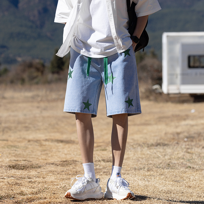 實拍夏季新款潮牌五角星繡花五分中褲男寬松休閑松緊腰系帶短褲男