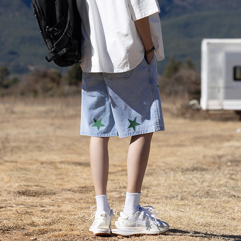 實拍夏季新款潮牌五角星繡花五分中褲男寬松休閑松緊腰系帶短褲男