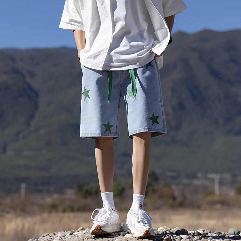 實拍夏季新款潮牌五角星繡花五分中褲男寬松休閑松緊腰系帶短褲男