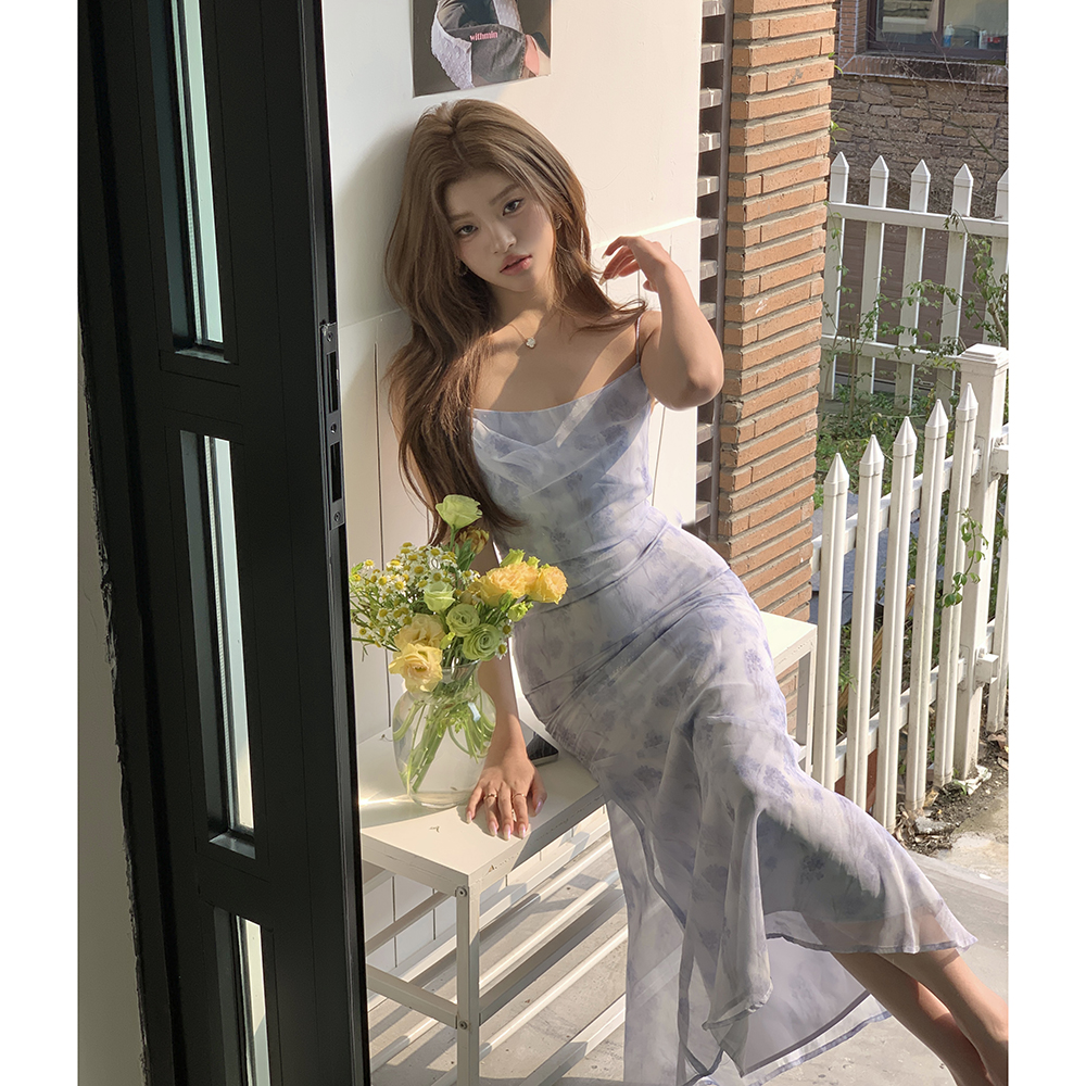 實拍2024夏裝新款仲夏夜浪漫藍蕩領露背設計女神長裙雪紡連衣裙女