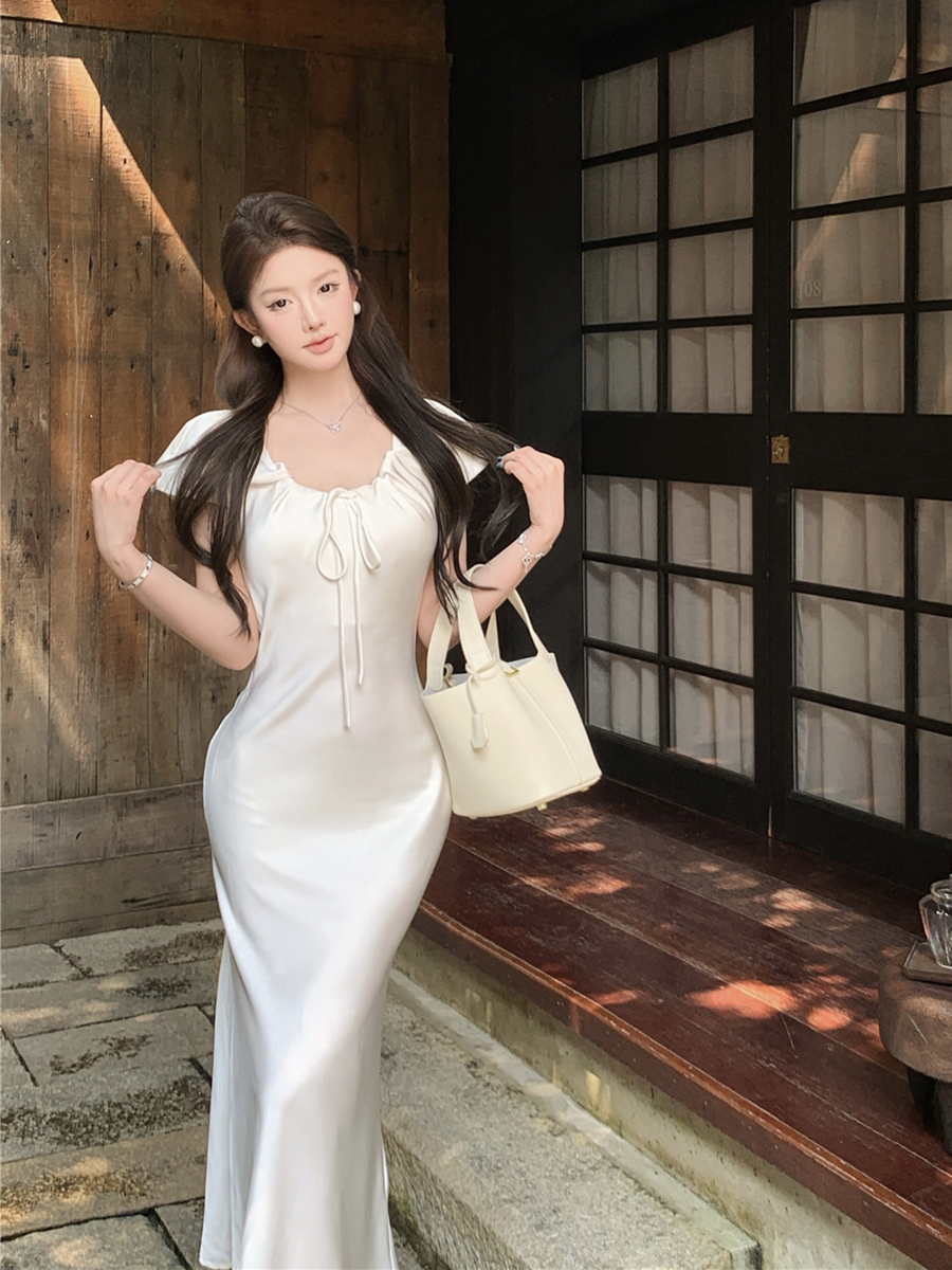 實拍復古性感短袖抽繩系帶收腰顯瘦連衣裙緞面魚尾長裙女