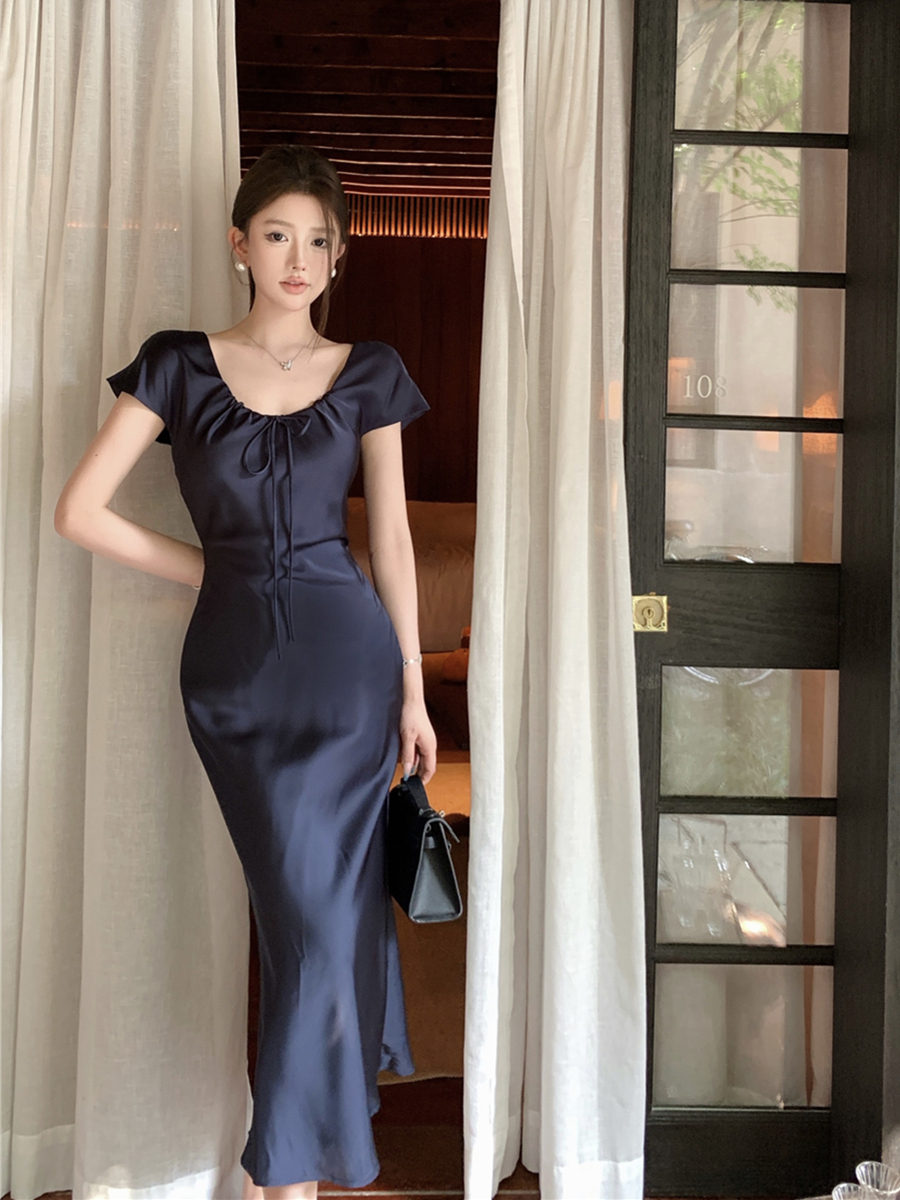 實拍復古性感短袖抽繩系帶收腰顯瘦連衣裙緞面魚尾長裙女