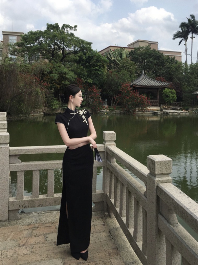 實拍實價 國風改良旗袍連衣裙長款開叉