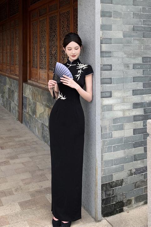 實拍實價 國風改良旗袍連衣裙長款開叉