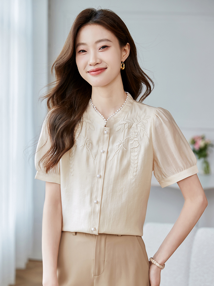 2026夏季新款國風新中式小衫輕薄透氣天絲刺繡珍珠立領襯衫上衣女
