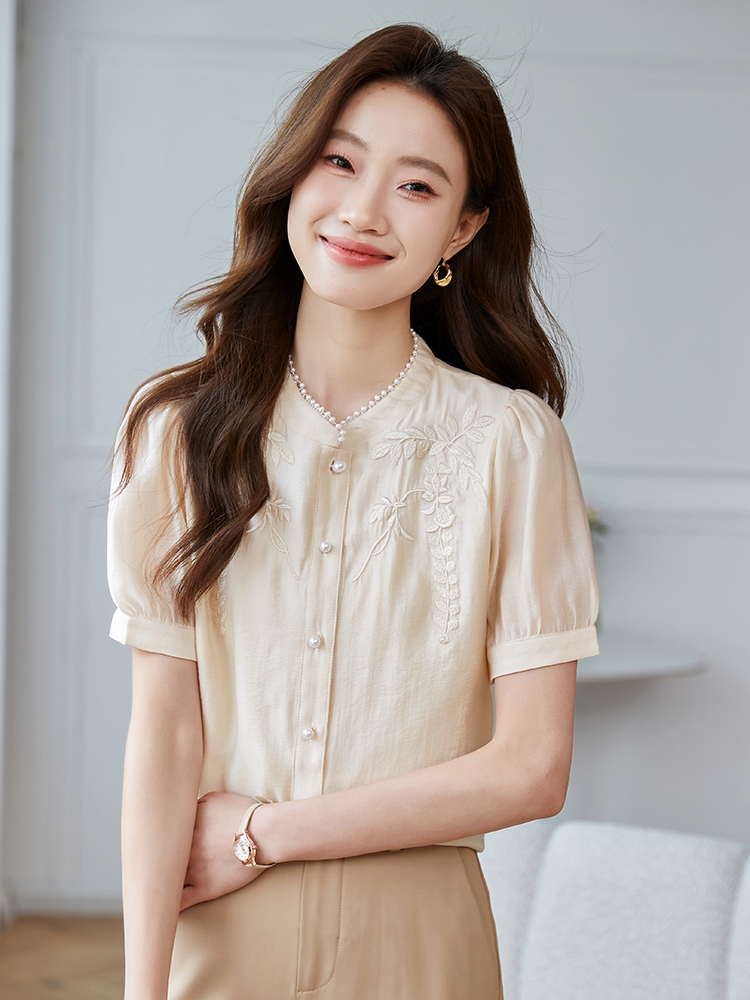 2026夏季新款國風新中式小衫輕薄透氣天絲刺繡珍珠立領襯衫上衣女
