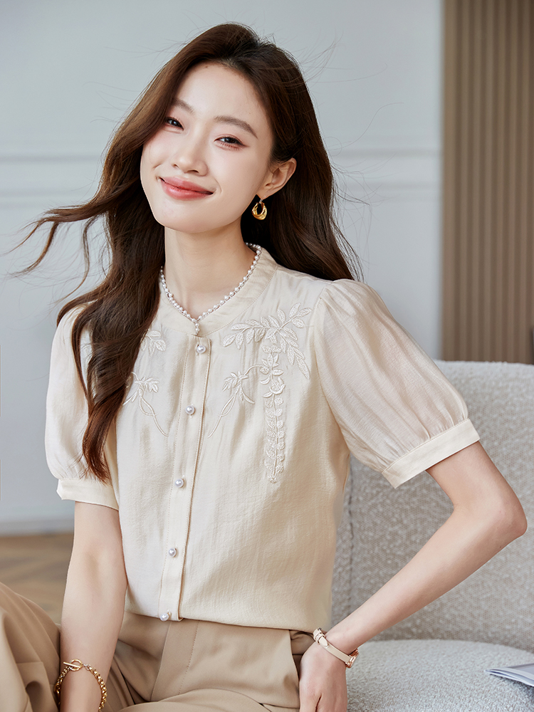 2026夏季新款國風新中式小衫輕薄透氣天絲刺繡珍珠立領襯衫上衣女