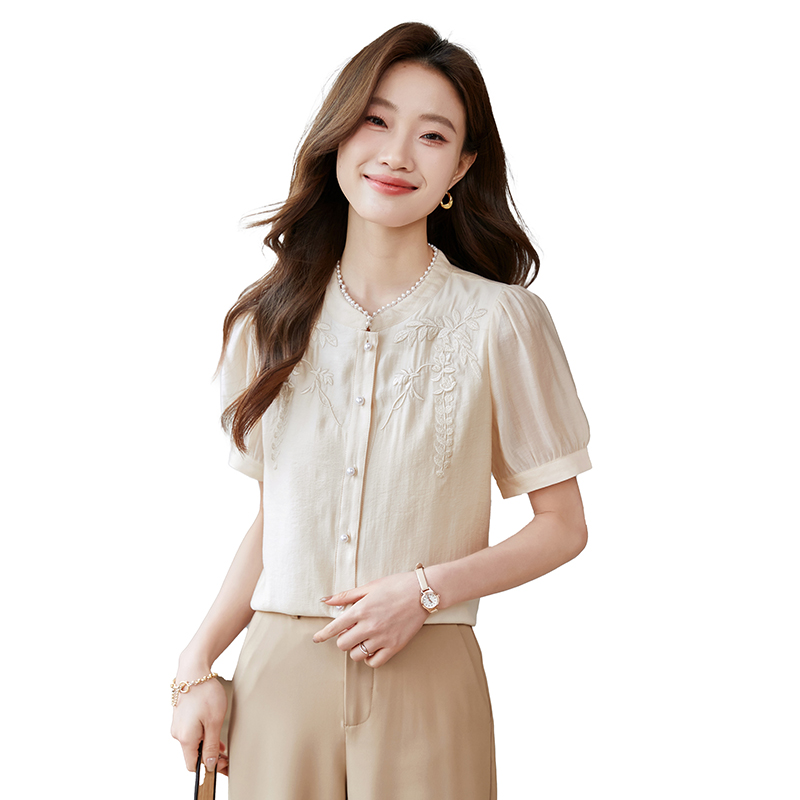 2026夏季新款國風新中式小衫輕薄透氣天絲刺繡珍珠立領襯衫上衣女